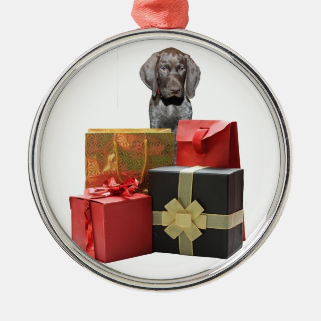 Pointer Puppy Christmas Gifts Metal Ornament (Front)