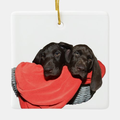 Pointer Sisters in a basket Ceramic Ornament