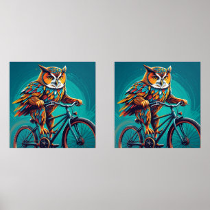 Pointilist Owl Riding a Bike Wall Art Sets