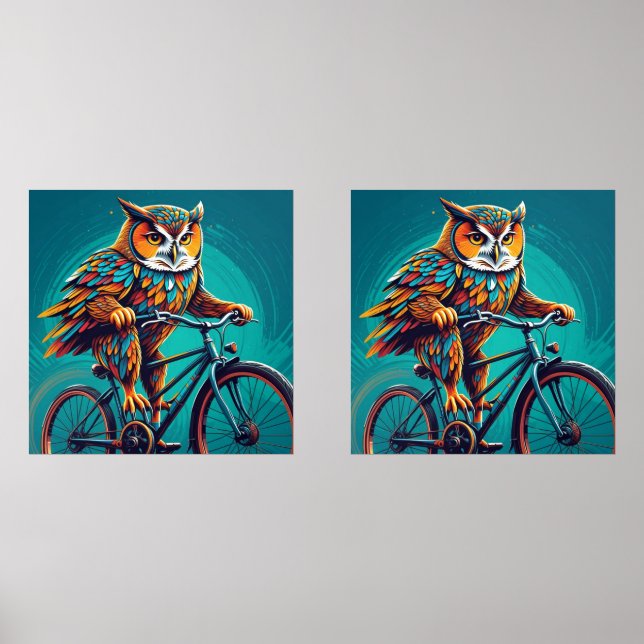 Pointilist Owl Riding a Bike Wall Art Sets (Front)
