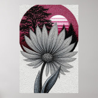 Pointillism Daisy With Pink Sunset And Forest Silh Poster