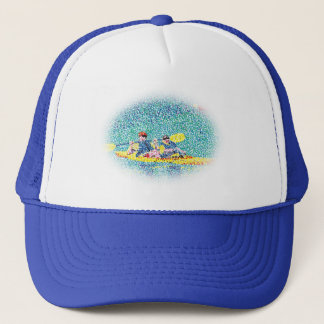 Pointillism kayak painting, faded oval frame, hat