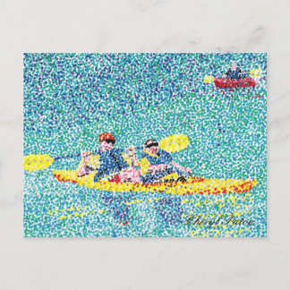 Pointillism kayak scene, by Cheryl Paton, postcard