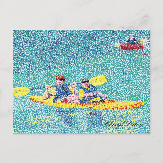 Pointillism kayak scene, by Cheryl Paton, postcard (Front)