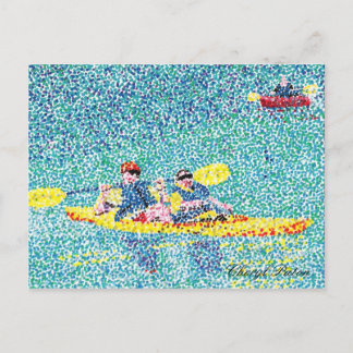 Pointillism kayak scene on the river postcard