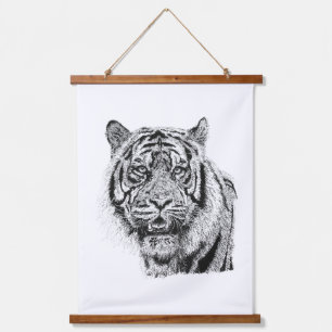 Pointillism Tiger Head Black & White Wildlife Art Hanging Tapestry