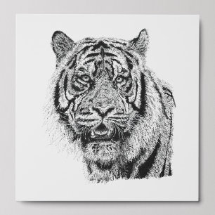 Pointillism Tiger Head Black & White Wildlife Art Peel And Stick Photo Tile