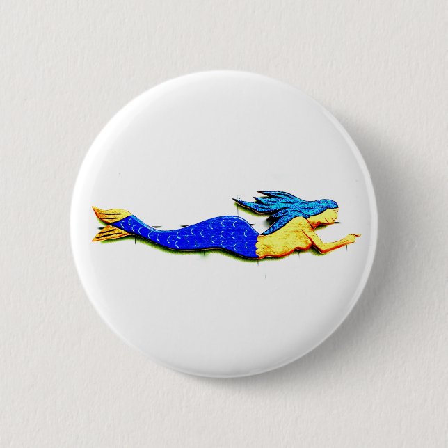 pointing blue-tail mermaid pinback button (Front)
