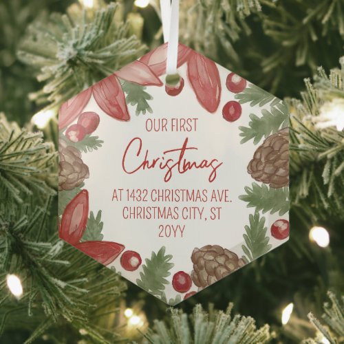 Pointsettia &amp; Pine Our First Christmas At Address Glass Ornament