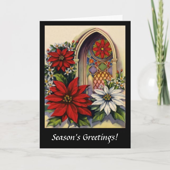 Pointsettias in Stained Glass Arched Window Holiday Card (Front)