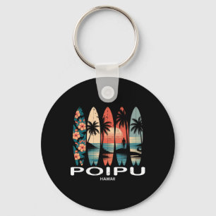 Poipu Beach Hawaii Surfboard Surfing Retro Keychain