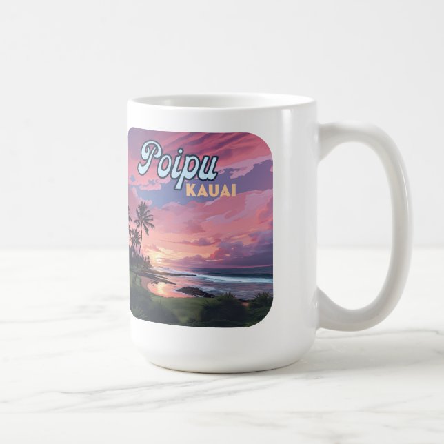 Poipu Kauai Hawaii Beach Palm Trees Retro Coffee Mug (Right)