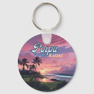Poipu Kauai Hawaii Beach Palm Trees Retro Keychain