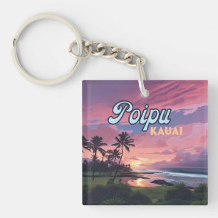 Poipu Kauai Hawaii Beach Palm Trees Retro Keychain