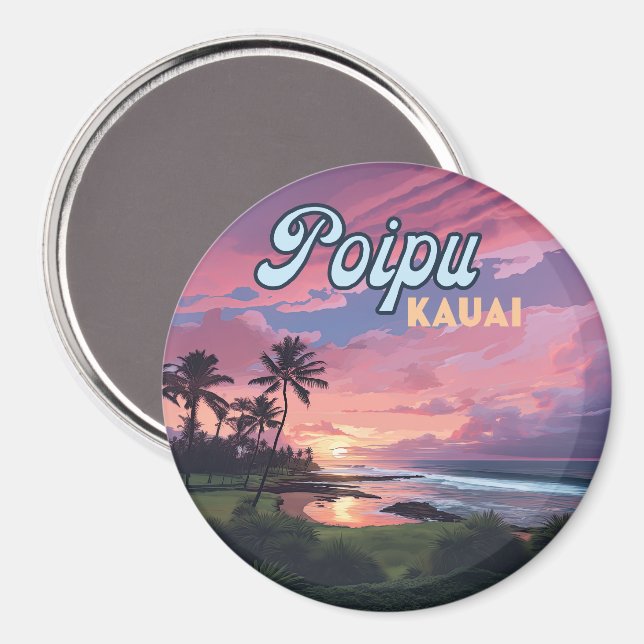 Poipu Kauai Hawaii Beach Palm Trees Retro Magnet (Front/Back)