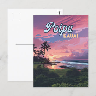 Poipu Kauai Hawaii Beach Palm Trees Retro Postcard