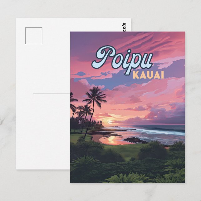 Poipu Kauai Hawaii Beach Palm Trees Retro Postcard (Front/Back)