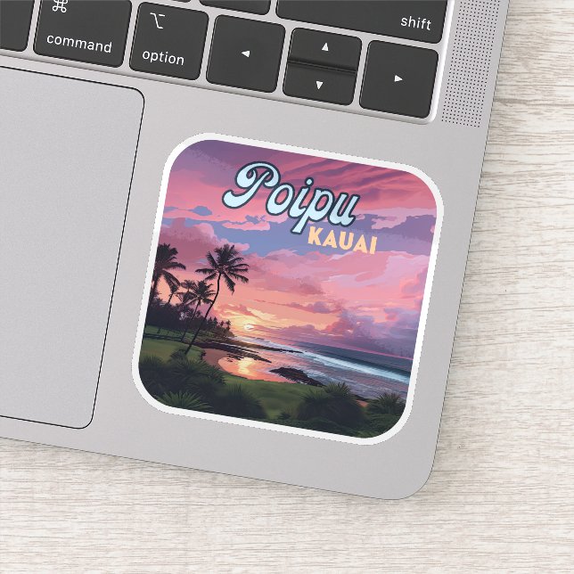 Poipu Kauai Hawaii Beach Palm Trees Retro Sticker (Detail)