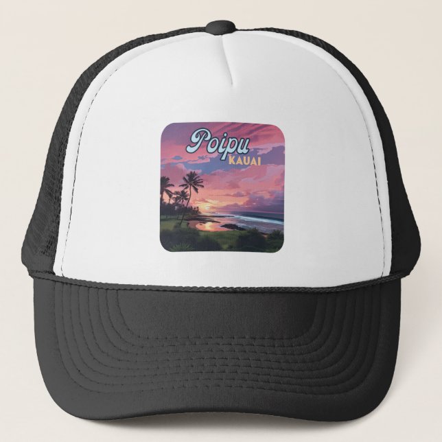 Poipu Kauai Hawaii Beach Palm Trees Retro Trucker Hat (Front)
