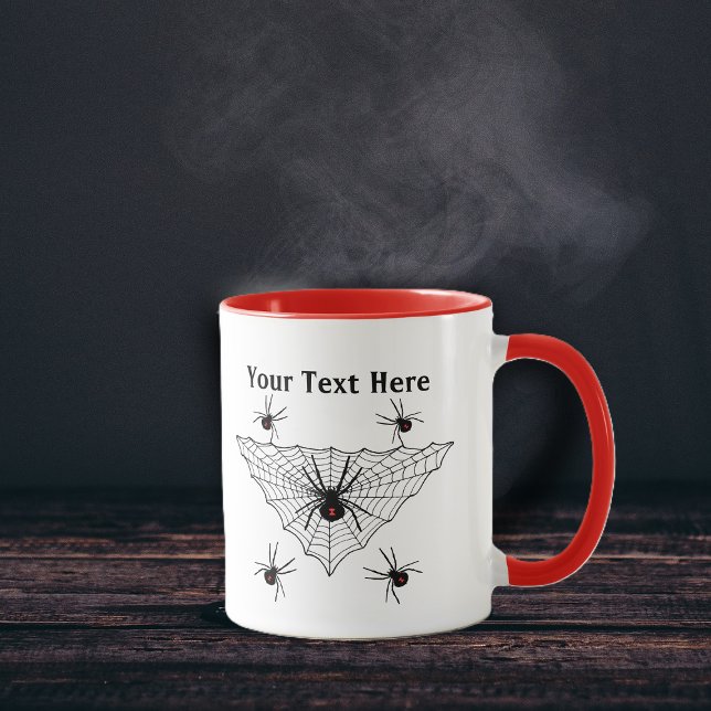 Poison Black Widow Spiders Black Triangle Web Mug (Creepy poison black widow spiders in and around triangle shaped black web on coffee or tea mug.)