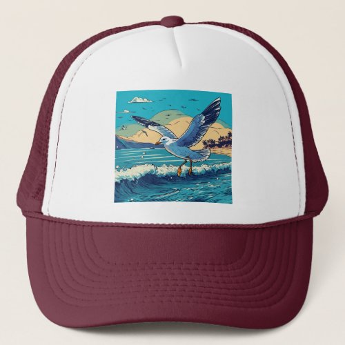 Poisoned Flight Seagull Soaring Over Beach Trucker Hat