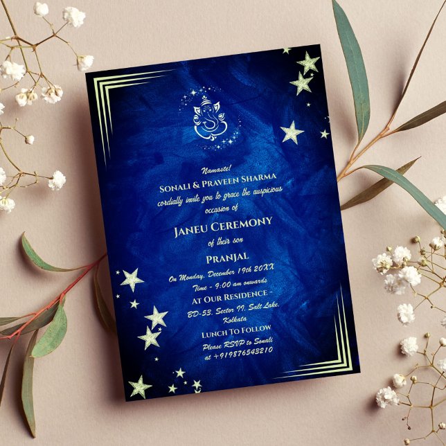 Poite Janeu Upanayanam Hindu Holy Thread Blue Gold Invitation (Creator Uploaded)