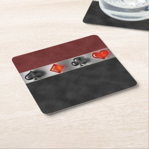 Poker 4 Card Suite Black Burgundy Square Paper Coaster