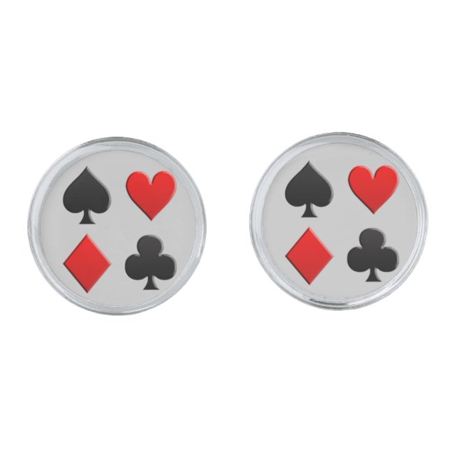 Poker Card Suits Pattern Silver Cufflinks (Front)