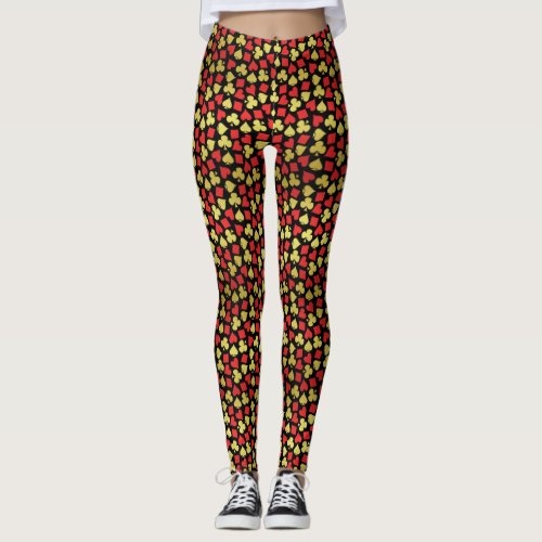 Poker Card Suits Vegas Casino Gambler Red Gold Leggings