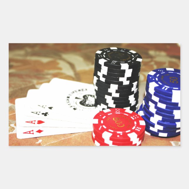 Poker Cards Aces Chips Gambling Casino Win Game Rectangular Sticker (Front)