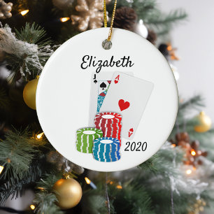Poker Cards Casino Chips Gambling Ceramic Ornament