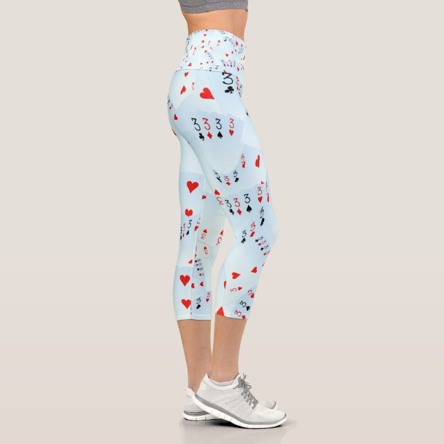 Poker Cards Quad Threes, Ladies Capri Leggings. (Right)