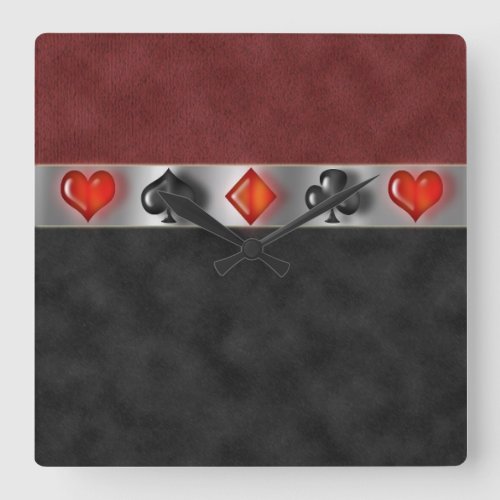 Poker Cards Suite Games Digital Black Red Suede Square Wall Clock