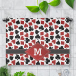 Poker Casino Suit Pattern Monogram Kitchen Towel<br><div class="desc">This cool, poker inspired kitchen towel has a background pattern made of playing card suits (spades, clovers, hearts, diamonds). A black ribbon graphic runs across both edges, with a red diamond where you can add your initial in white (change the template and it will change on both diamonds). This is...</div>