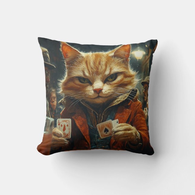 Poker Cat in the Underground - Mysterious Feline G Throw Pillow (Front)