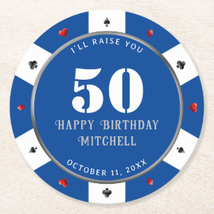 Poker Chip 50th Birthday Party Blue Round Paper Coaster