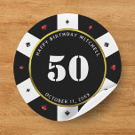 Poker Chip 50th Birthday Party Classic Round Sticker<br><div class="desc">Cool,  black,  white,  red and gold 50th birthday party casino poker chip stickers.  Personalize it with your event details.</div>