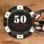 Poker Chip 50th Birthday Party Round Paper Coaster<br><div class="desc">Cool,  black,  white,  red and gold casino poker chip 50th birthday party coaster.  Personalize it with your event details.</div>