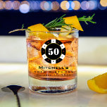 Poker Chip 50th Birthday Party Whiskey Glass<br><div class="desc">Cool,  black,  white,  red and gold 50th birthday party casino poker chip rocks glass.  Personalize it with your event details.</div>