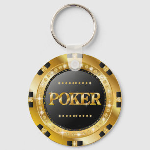 Poker chip black gold crystals keychain
