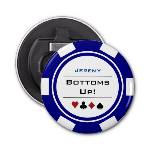 Poker Chip Casino Theme Navy Blue White With Name Bottle Opener