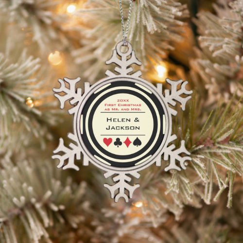 Poker Chip First Christmas Mr  Mrs Black Cream Snowflake Pewter Christmas Ornament