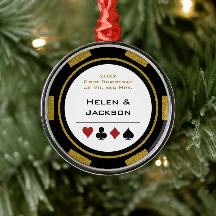 noodles rifle Belongs Poker Chip First Christmas Mr & Mrs Black Gold Metal Ornament | Zazzle
