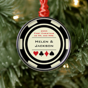 Poker Chip First Christmas Mr & Mrs Black Ivory Metal Ornament
