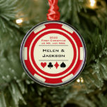 Poker Chip First Christmas Mr & Mrs Red Ivory Metal Ornament<br><div class="desc">Add this truly special red and ivory white casino poker chip ornament to your Christmas tree,  this first year of marriage. This is a fabulous wedding gift for those who've tied the knot in Las Vegas or another casino city.</div>