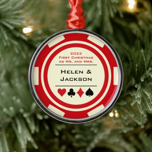 Poker Chip First Christmas Mr  Mrs Red Ivory Metal Ornament