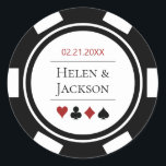 Poker Chip in Black and White Las Vegas Wedding Classic Round Sticker<br><div class="desc">These poker chip wedding stickers,  in black,  white and red,  would make a perfect addition to your guest's favors or to seal their casino style invitations. Personalize your design with your names in black in the center,  and a wedding date,  thank you,  etc. in red on top.</div>