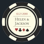 Poker Chip in Black Ivory White Las Vegas Wedding Classic Round Sticker<br><div class="desc">These poker chip wedding stickers,  in black,  ivory white,  and red,  would make a perfect addition to your guest's favors or to seal their casino style invitations. Personalize your design with your names in black in the center,  and a wedding date,  thank you,  etc. in red on top.</div>