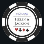 Poker Chip in Blue Black White Las Vegas Wedding Classic Round Sticker<br><div class="desc">These poker chip wedding stickers,  in blue,  black,  white,  and red,  would make a perfect addition to your guest's favors or to seal their casino style invitations. Personalize your design with your names in black in the center,  and a wedding date,  thank you,  etc. in blue on top.</div>