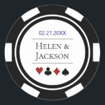 Poker Chip in Blue Black White Las Vegas Wedding Classic Round Sticker<br><div class="desc">These poker chip wedding stickers,  in blue,  black,  white,  and red,  would make a perfect addition to your guest's favors or to seal their casino style invitations. Personalize your design with your names in black in the center,  and a wedding date,  thank you,  etc. in blue on top.</div>